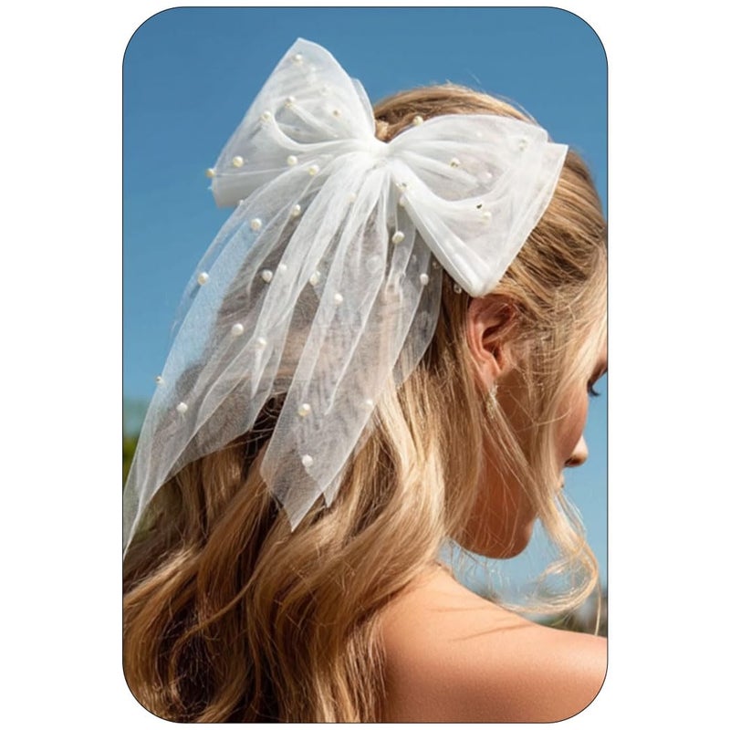 JONKY Bride Wedding Hair Bow Weil Bridal White Short Clip for Women (Style3) - Image 1